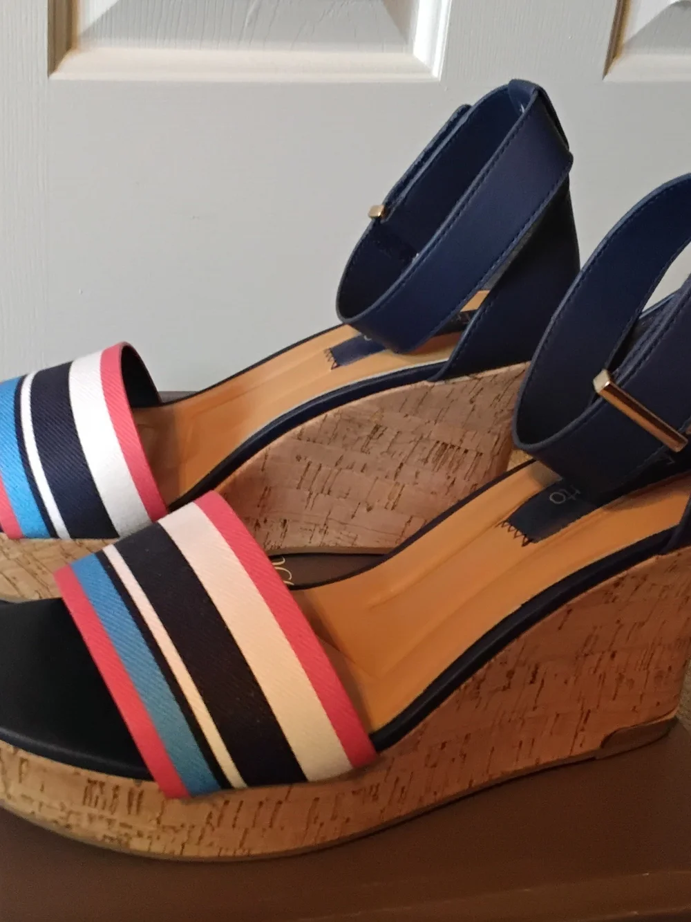 Franco Sarto Clemons Navy Espadrille Wedge Sandals with Multicolor Stripes, 8.5
